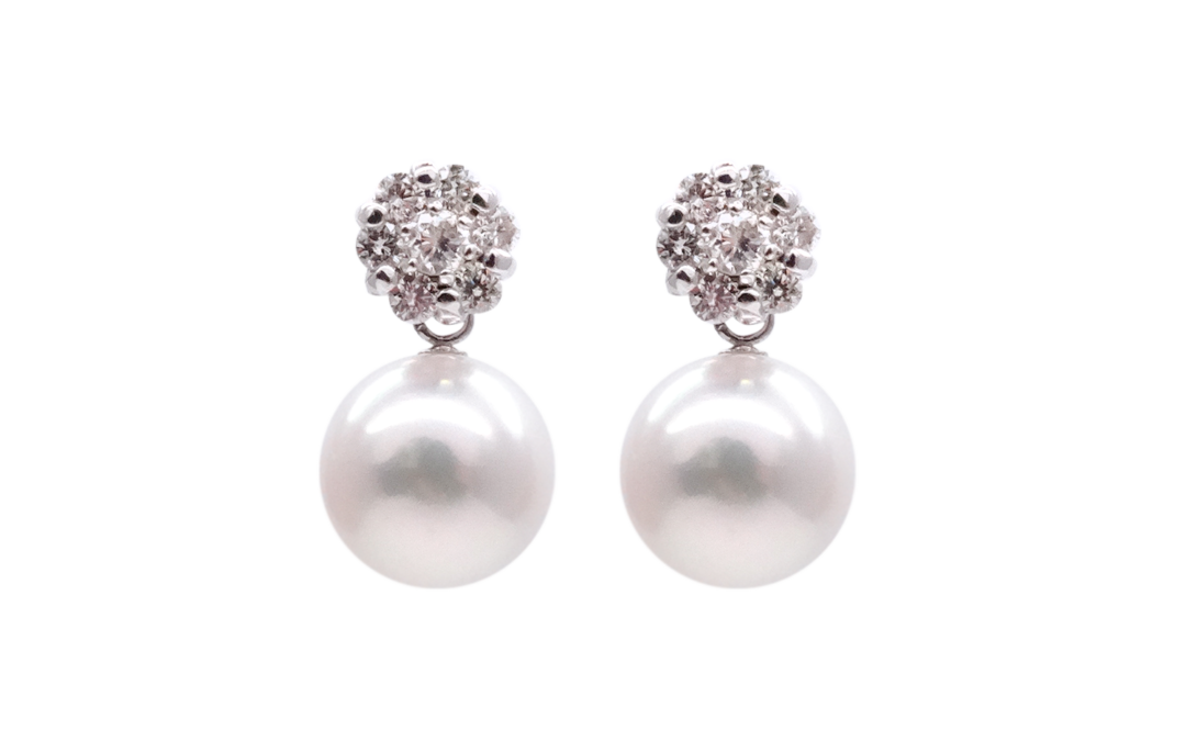 White Gold Diamond Akoya Pearl Earrings (E24)