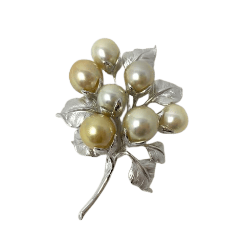 Gold White South Sea Pearl Silver ‘Leaf’ Brooch Pin (B23)