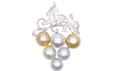 Gold Grey South Sea Pearl Silver ‘Leaf and Grape’ Brooch Pin (B18)