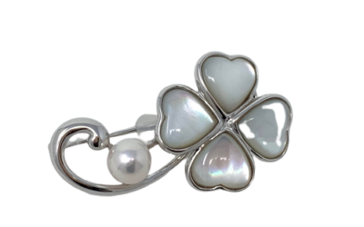 White Akoya Pearl Silver ‘4-Leaf Clover’ Brooch Pin (B15)