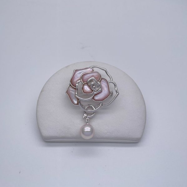 White Akoya Pearl Detachable Silver 'Rose' Brooch Pin (B17)