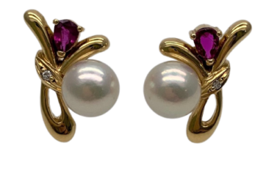 White Akoya Pearl Gold Ruby Diamond Earrings (E212)