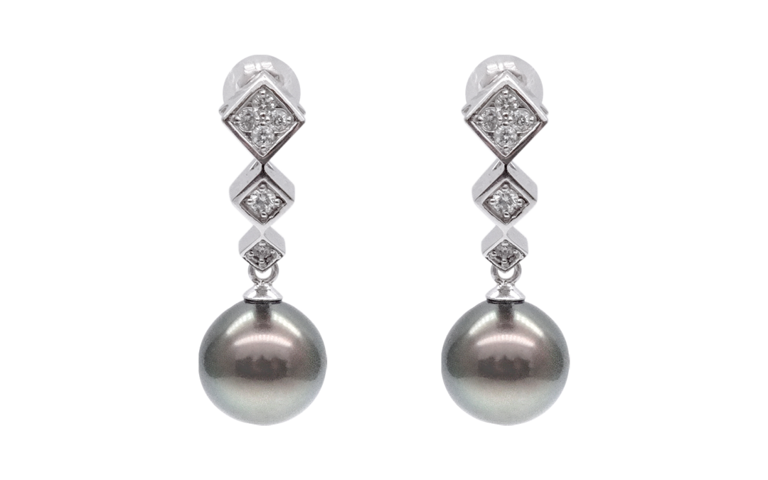 Black South Sea Pearl White Gold Diamond Earrings (E215)