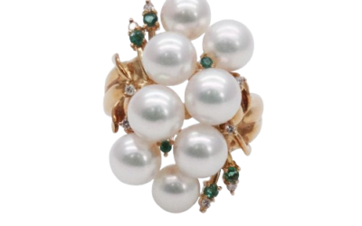 Akoya Pearl Diamond and Emerald Ring(R62)