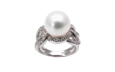 White South Sea Pearl Ring with Diamond Swirls (R73)