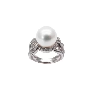 White South Sea Pearl Ring with Diamond Swirls (R73)